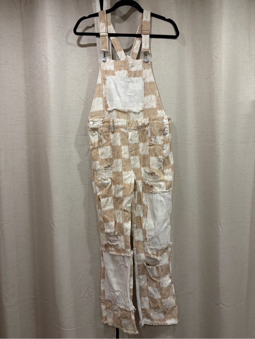 POL Beige & White Checked Distressed Overalls